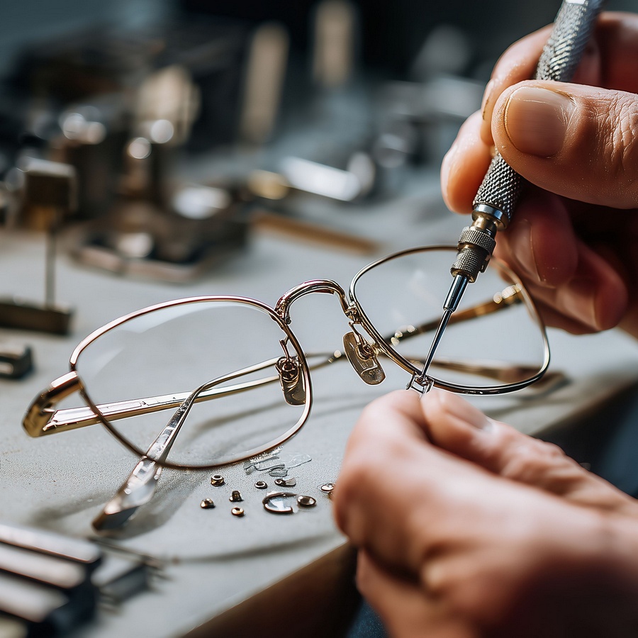 工具とネジで眼鏡をメンテナンスする手元